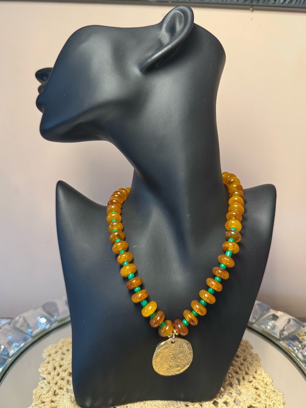 Amber-Tone Beaded Necklace with Gold Pendant